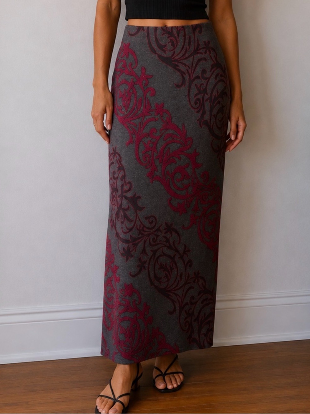 Y2K ECI New York Burgundy Paisley Maxi Skirt Small Boho Pull-On‎